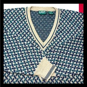 90s Florence Merino WOOL Sweater Blue Green Tan VNECK geometric Made In Italy Lg